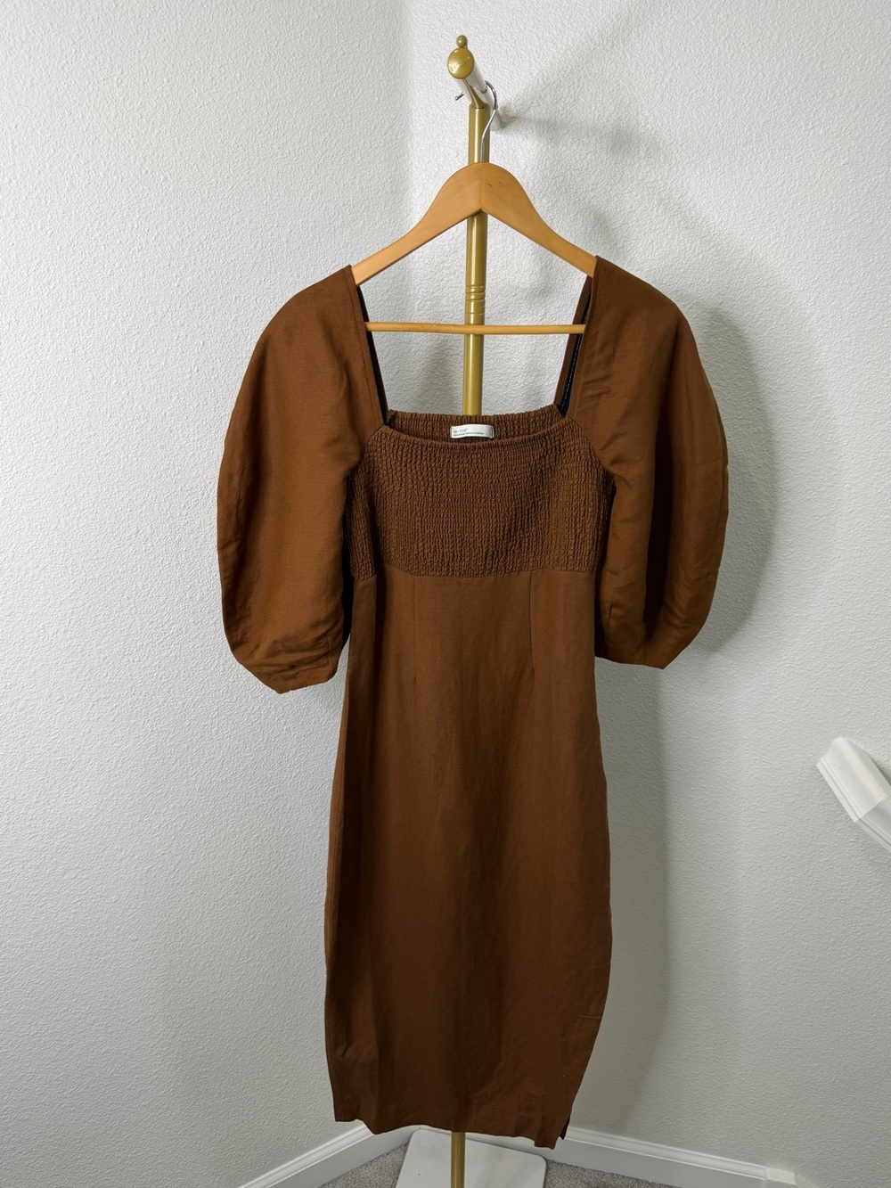 OAK + FORT Smoked Puff Sleeve Linen Blend Midi Dress Brown Casual Mod Size S